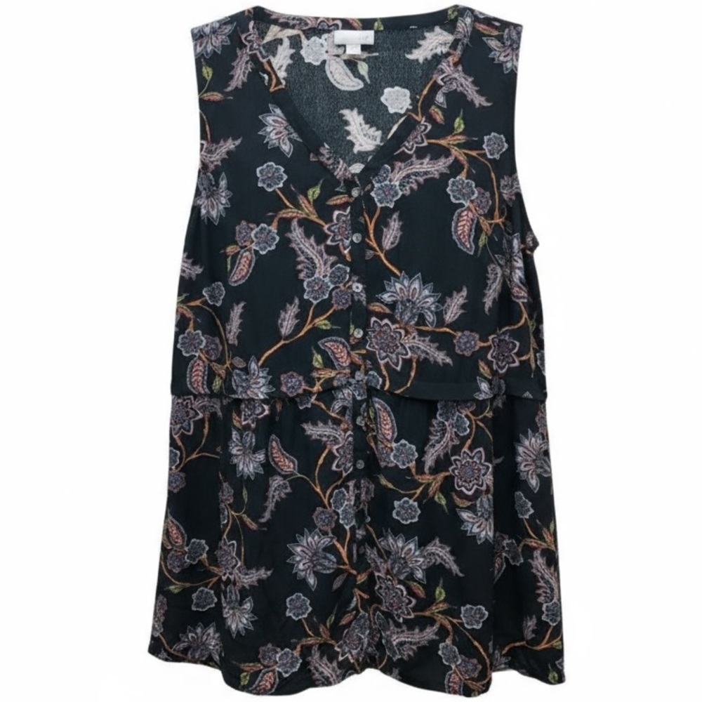 J. Jill Floral Paisley Button Down Sleeveless Blouse Black Tiered Top Size M